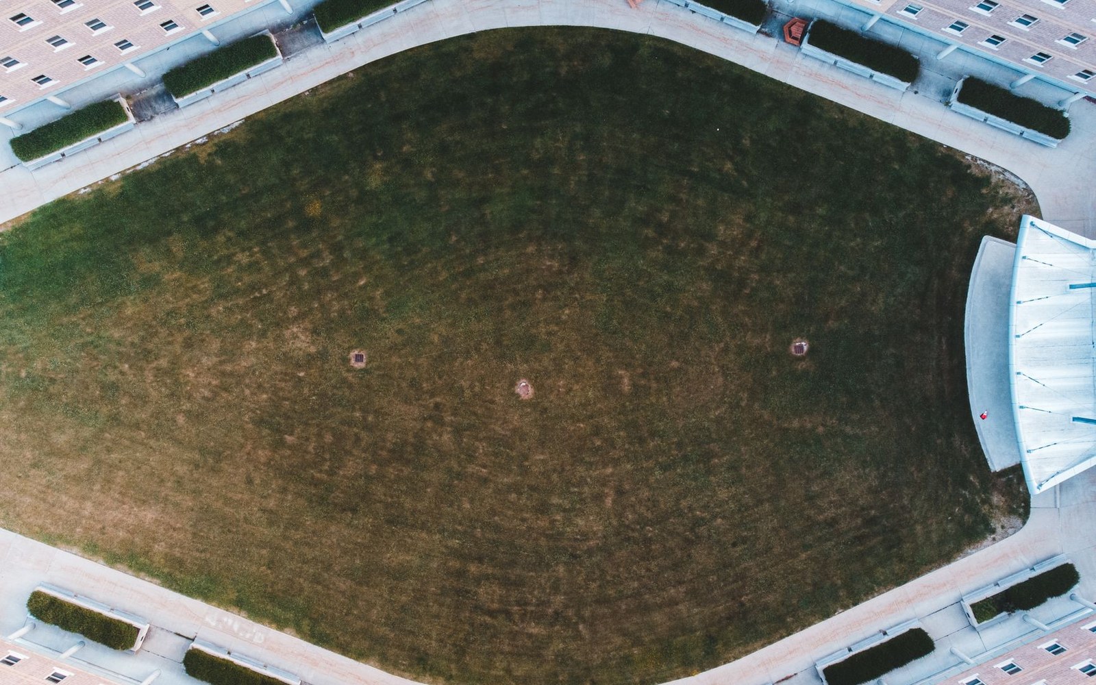 Ratliff Stadium and its field seen from above, empty