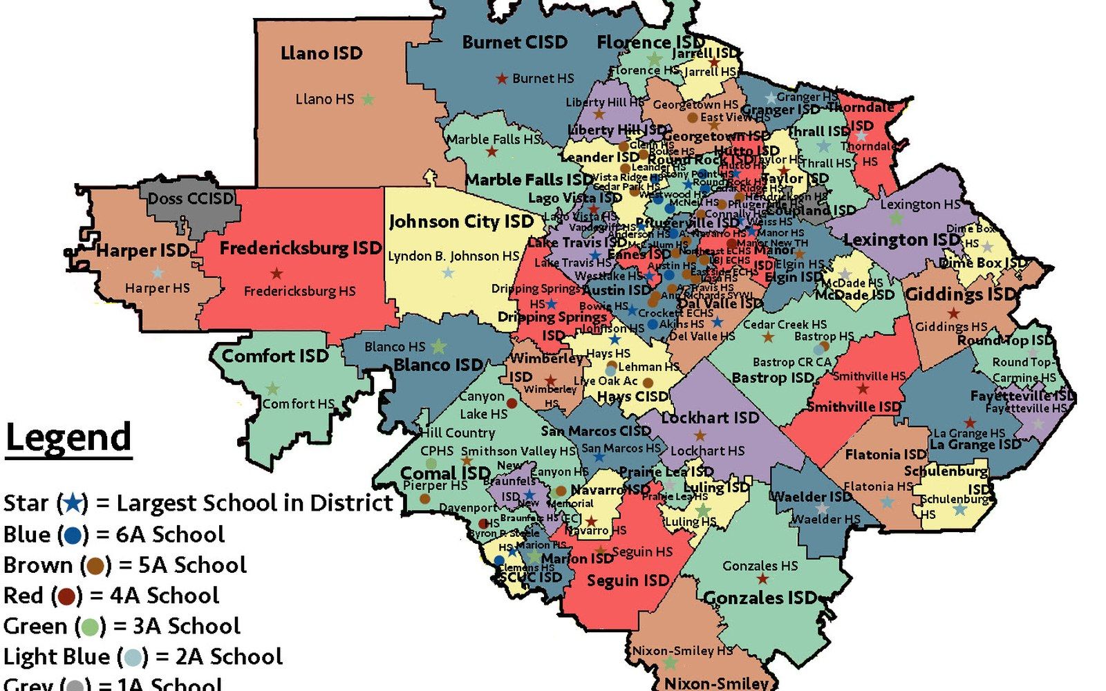 Map of Central Texas school districts color-coded by UIL classification size, from 1A to 6A